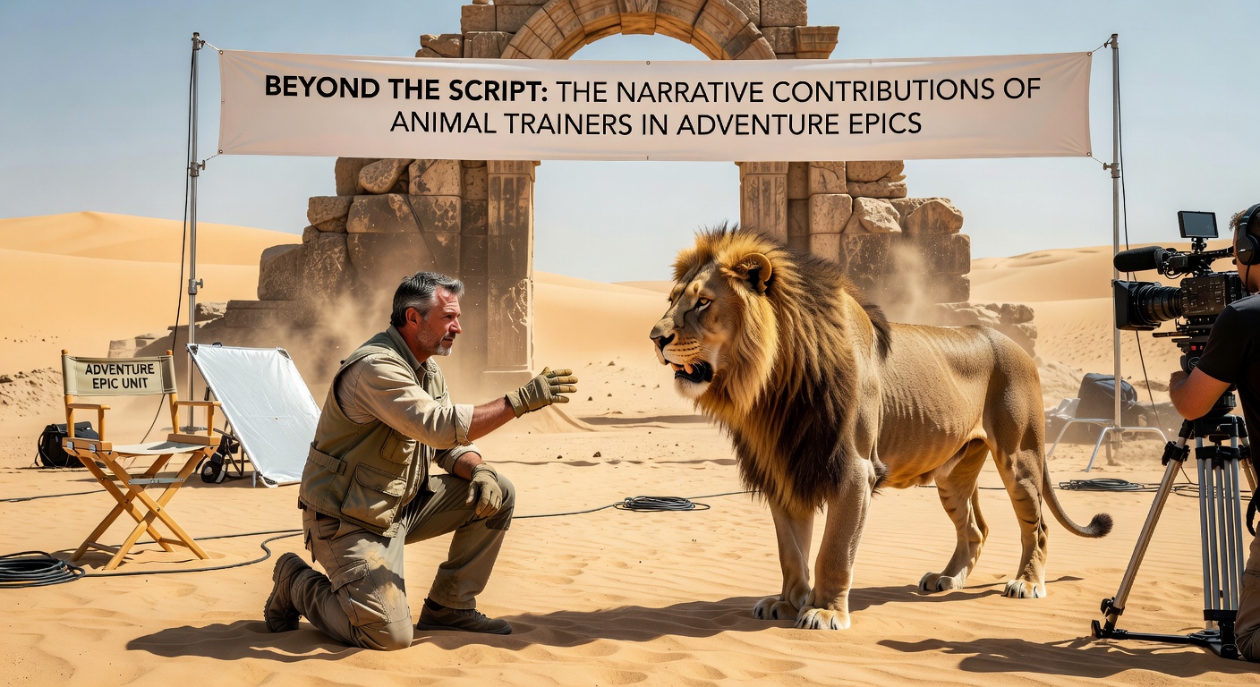 Animal trainer working with a horse on an adventure film set, demonstrating precise cues that align with scripted narrative beats