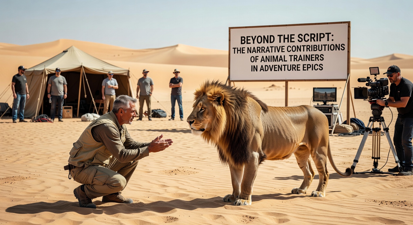 Close-up of a trainer using hand signals to guide a big cat through a tense confrontation scene in an epic adventure film