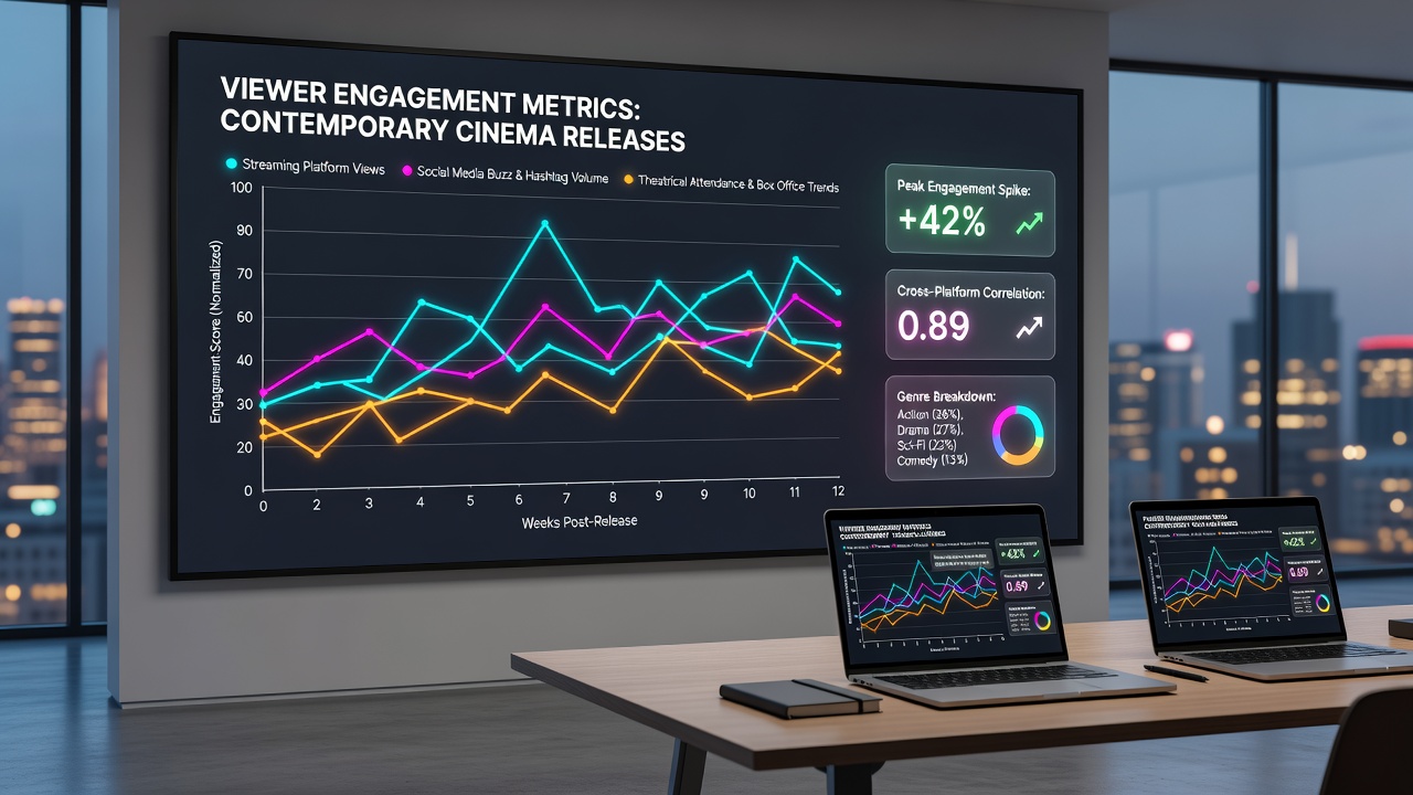 Analysts reviewing engagement charts on multiple screens showing audience behavior trends for cinema titles