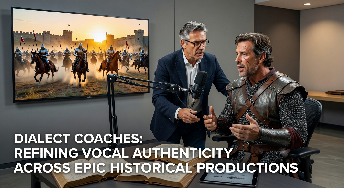 Dialect coach guiding actors through accent exercises on a historical film set