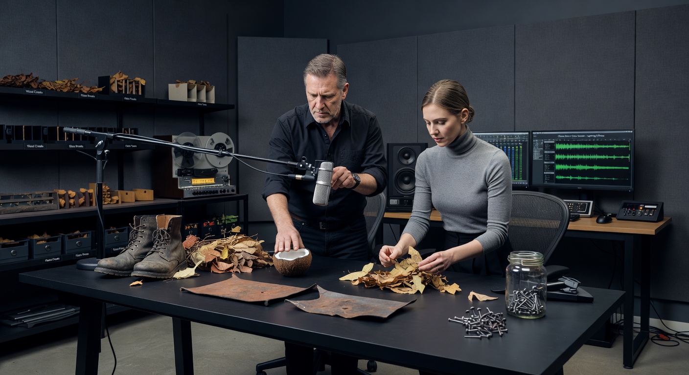 Foley artists recreating tense horror sound effects in a professional studio setting