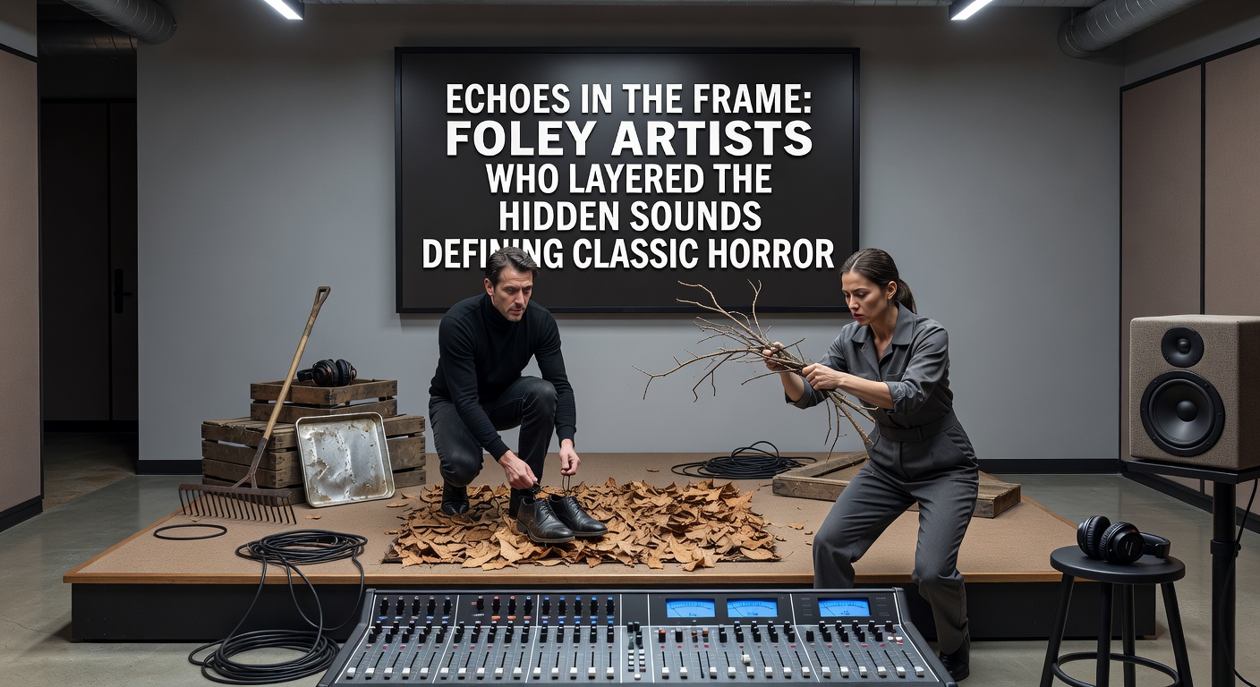 Close-up of foley props including shoes, fabric, and wooden surfaces used for horror sound creation