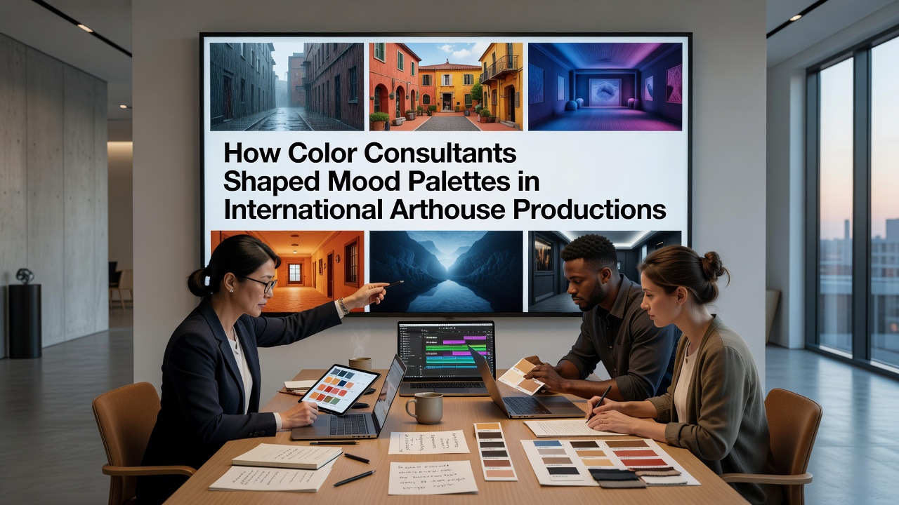 Color consultant reviewing palette samples on a film set with lighting equipment in the background