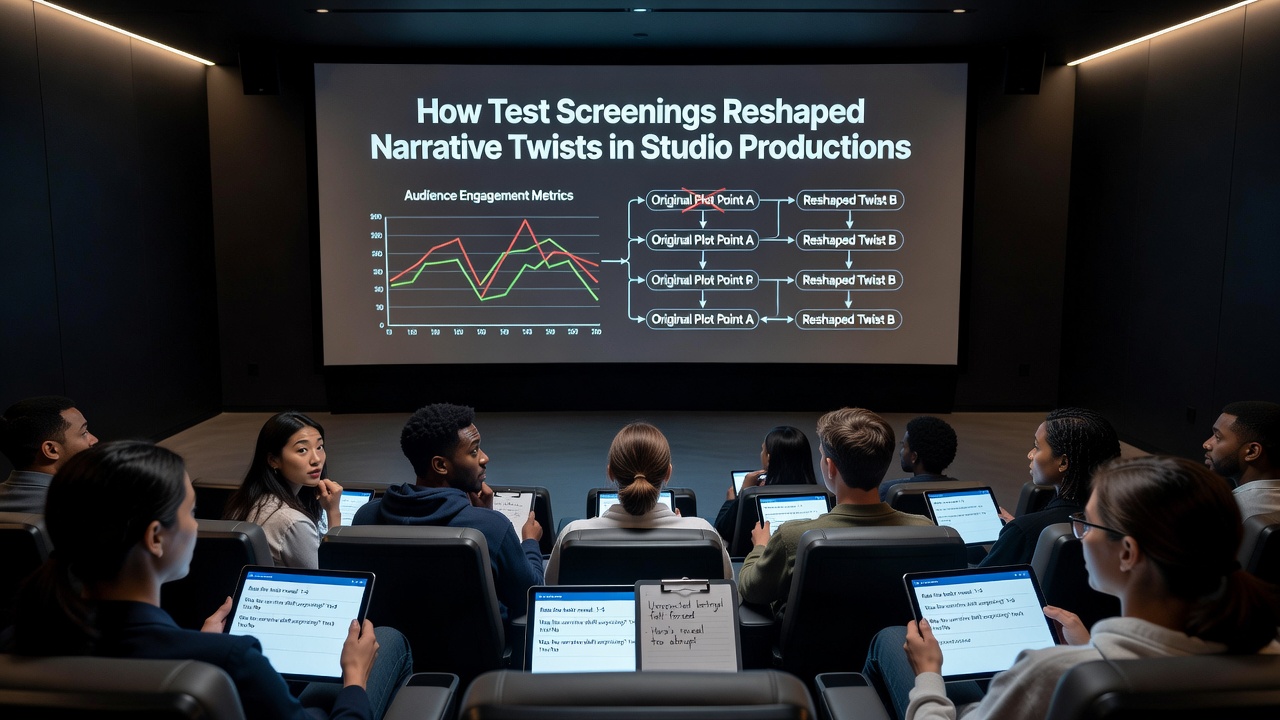 Studio screening room with audience members reacting to a film twist during a test screening session
