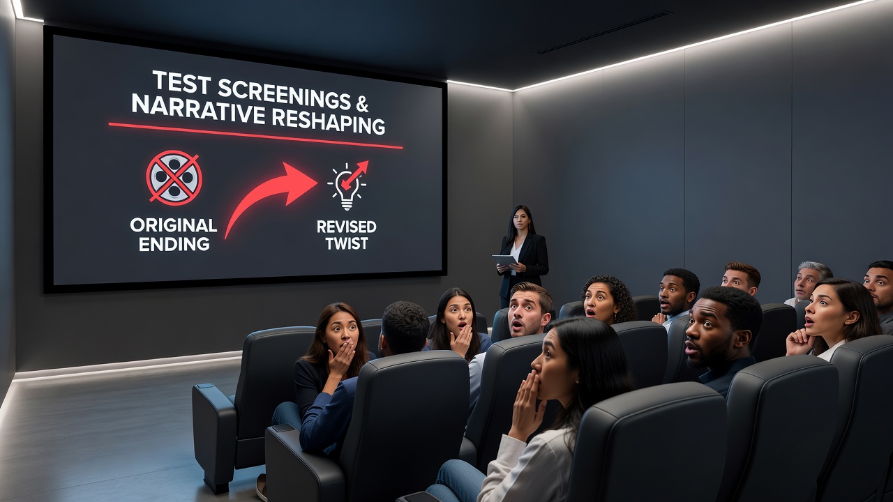 Film editors reviewing test screening data cards and adjusting a twist sequence on a digital timeline