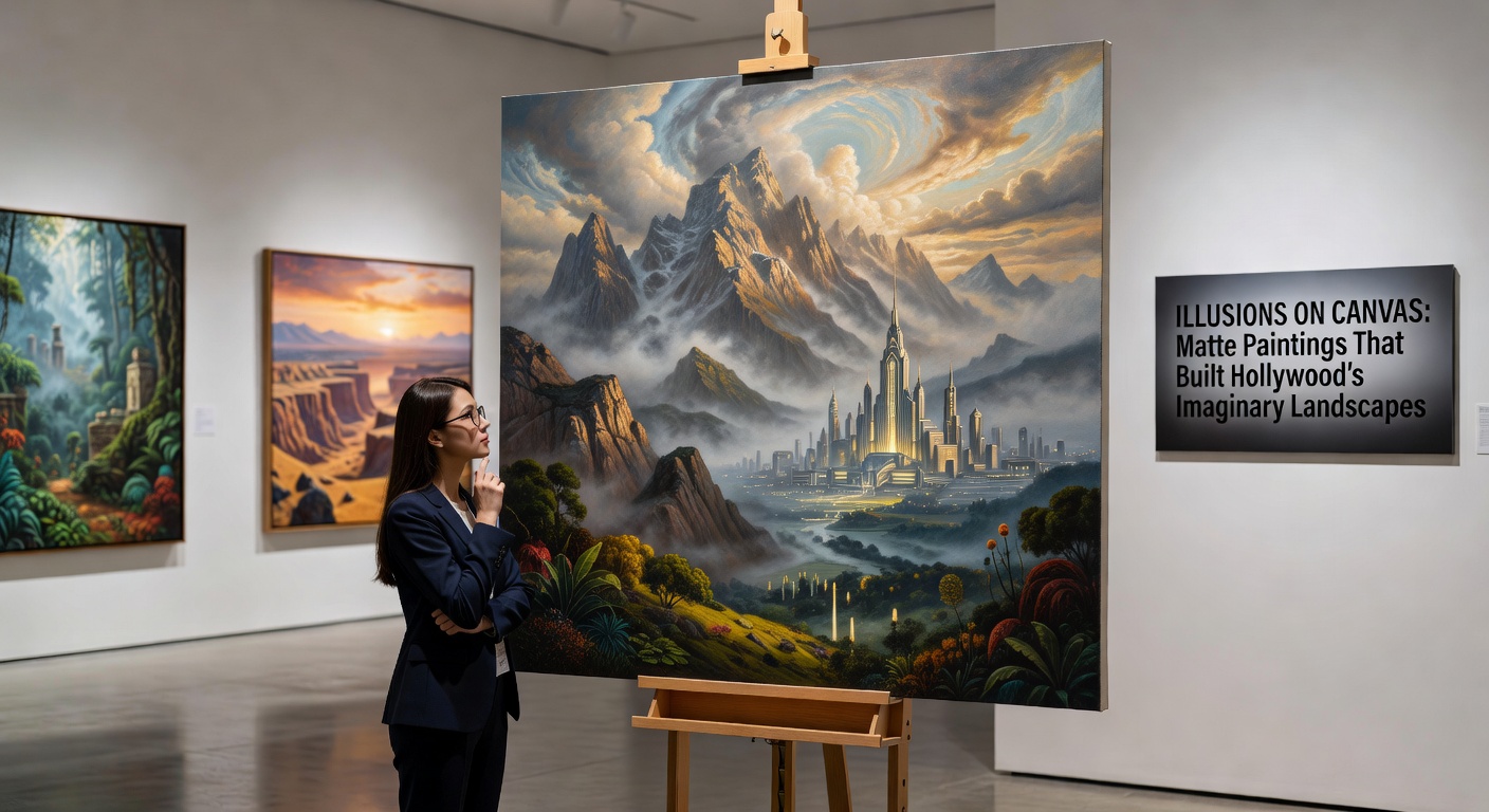 A detailed matte painting depicting a vast, fantastical cityscape under a dramatic sky, seamlessly integrated into a live-action foreground of ancient ruins
