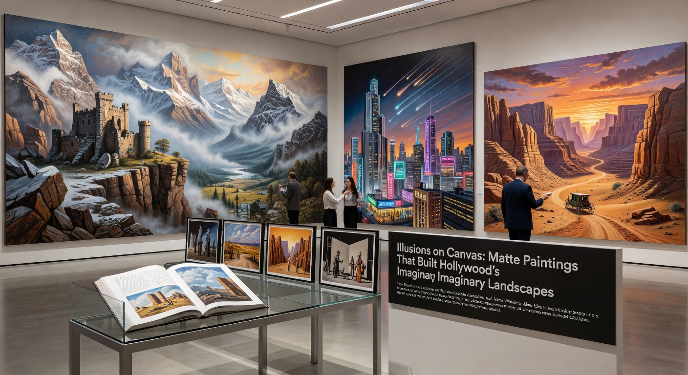 An artist at work on a massive glass matte painting in a Hollywood studio, brush in hand, surrounded by reference photos and sketches of an epic fantasy landscape