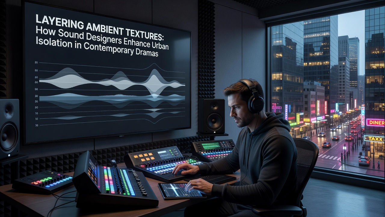 Urban street scene with overlaid sound waveform visualization showing ambient texture layers