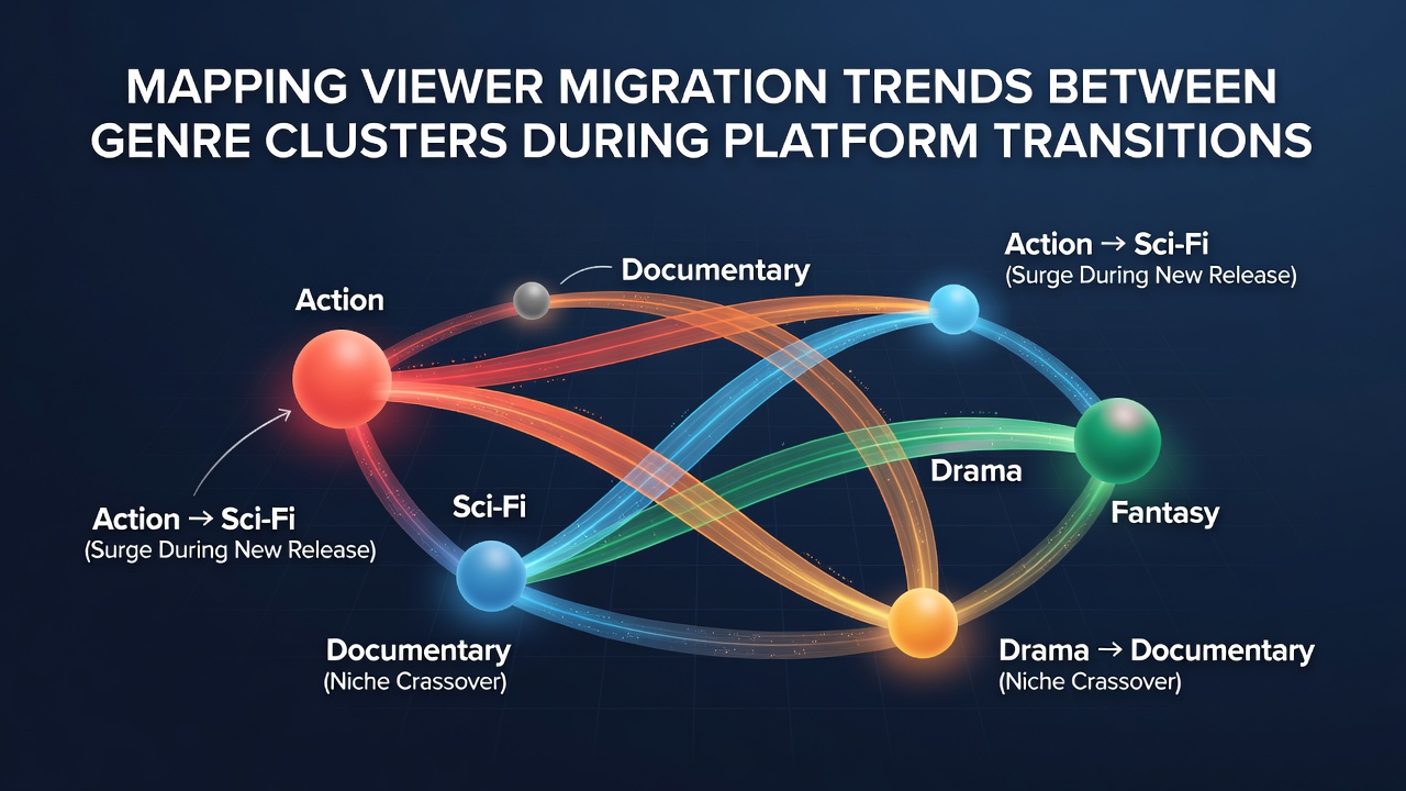 Visualization of viewer migration patterns across streaming platforms showing genre clusters and arrows indicating shifts