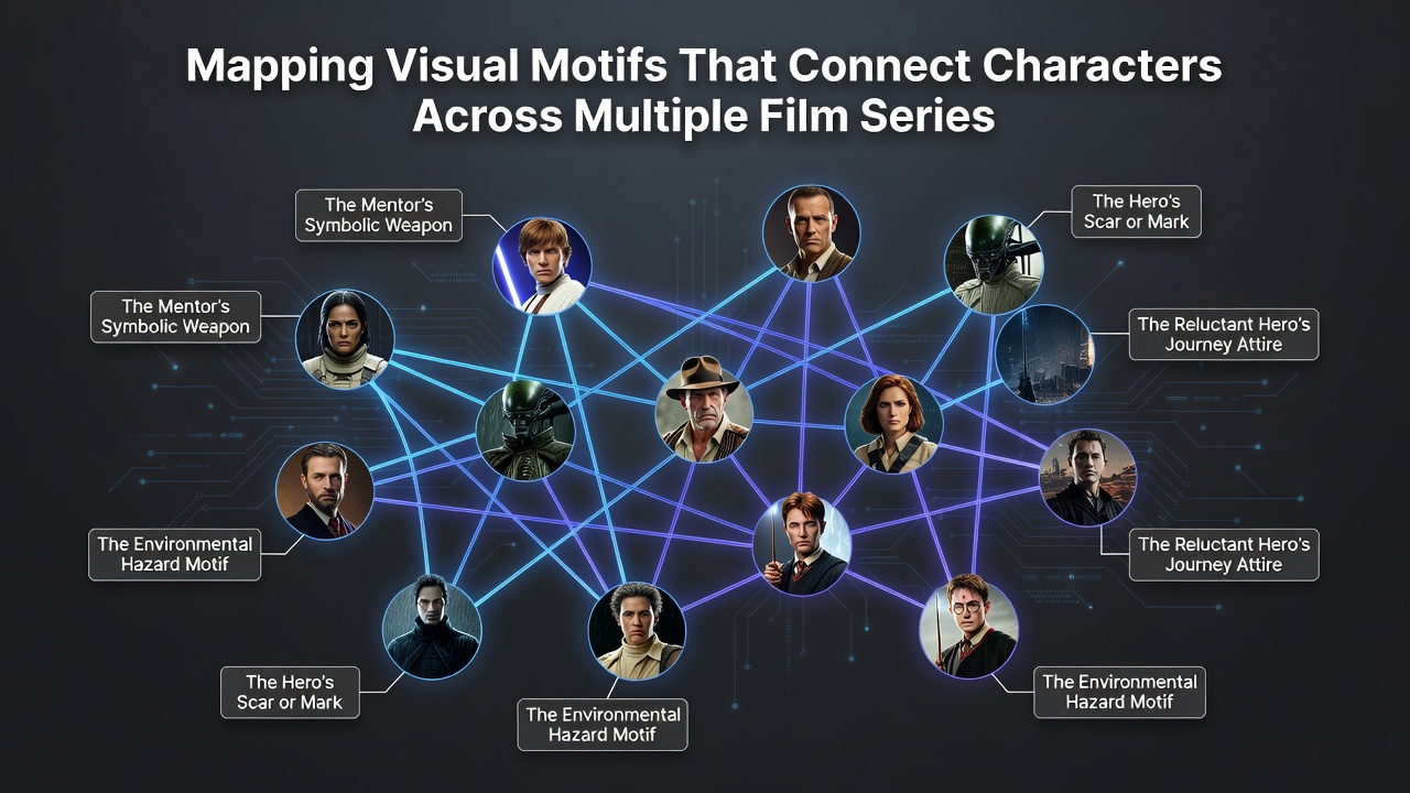 Diagram illustrating recurring visual motifs such as color palettes and symbolic objects linking characters across different film series