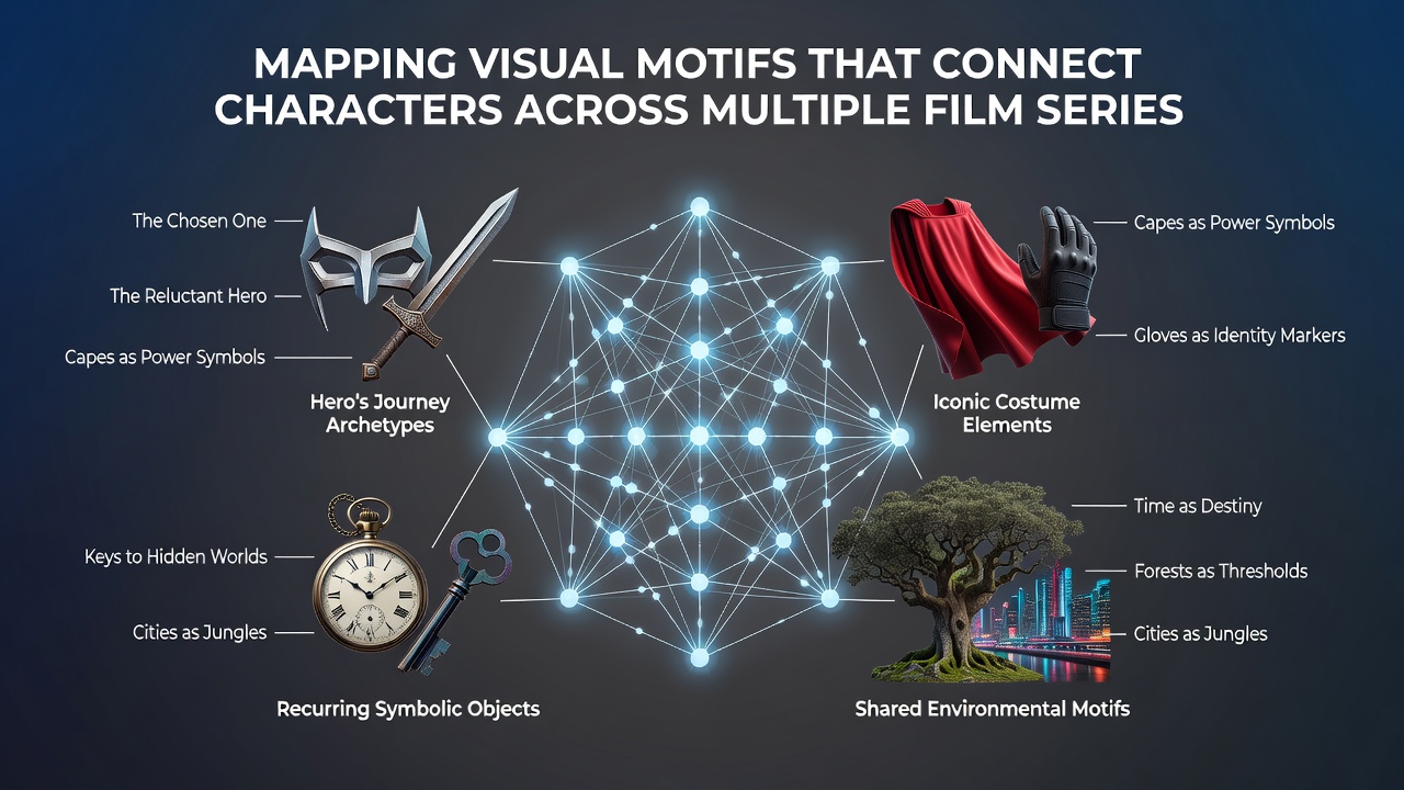 Side-by-side comparison of character scenes from different film series highlighting shared visual motifs like lighting and framing