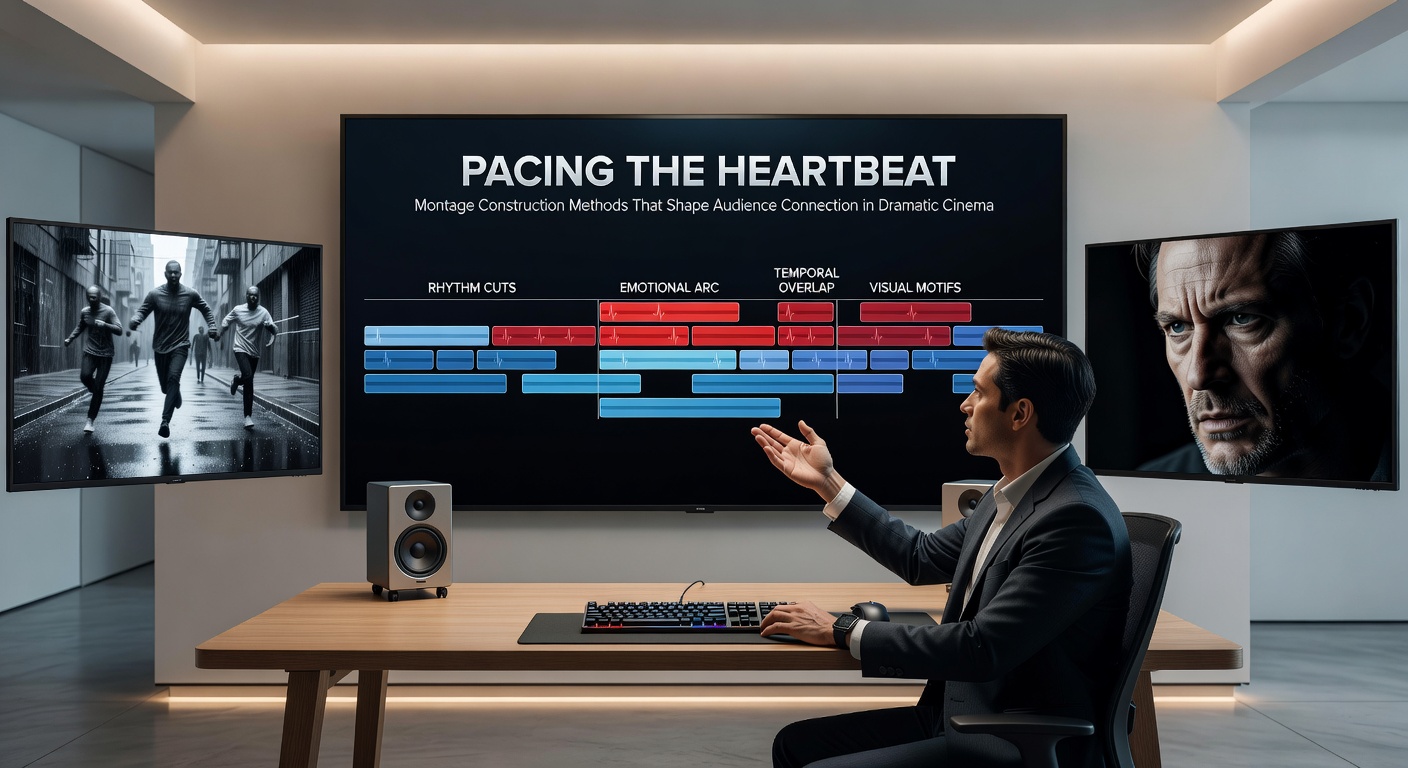 Close-up of film editor working on a timeline interface with dramatic scene markers highlighted