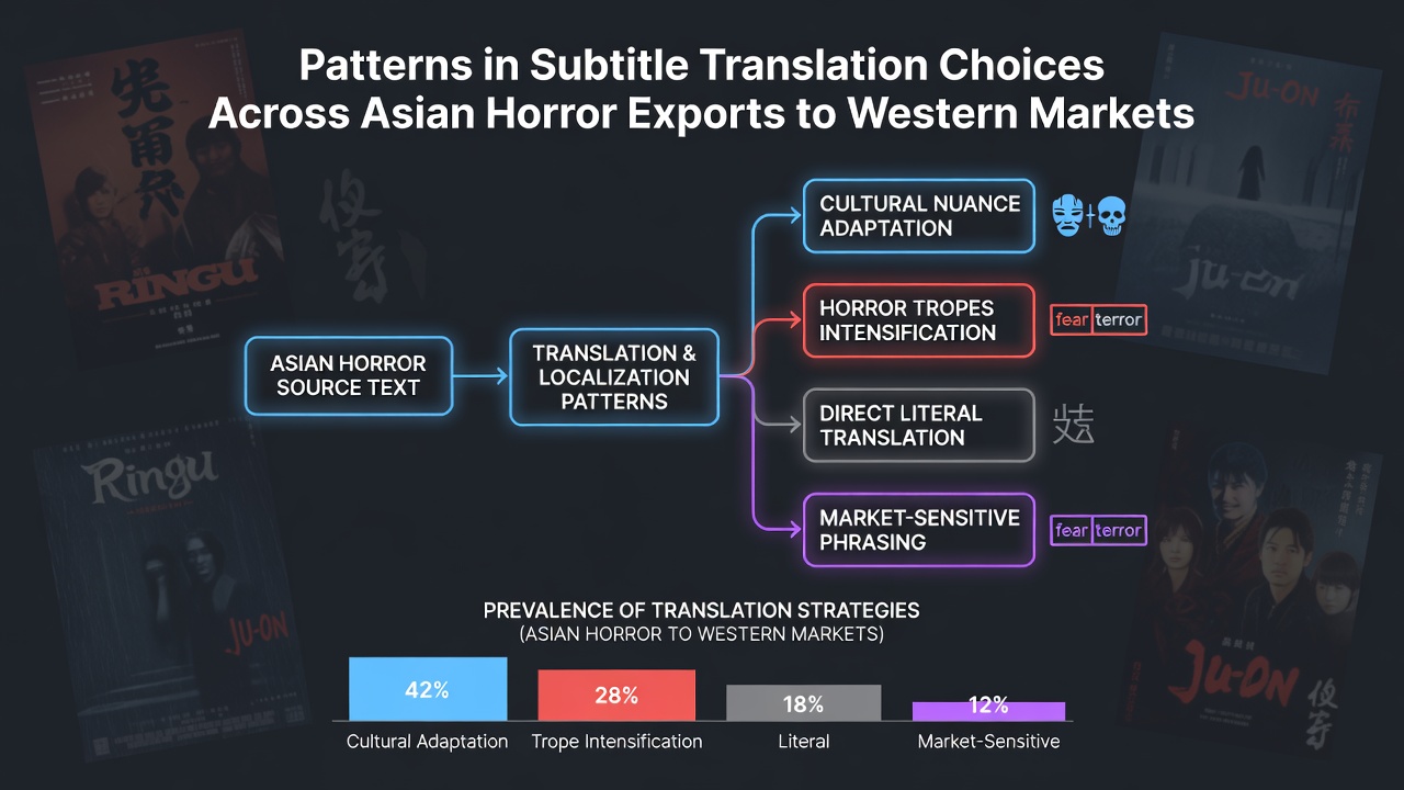 Asian horror film subtitling workflow showing translators reviewing cultural references and horror terminology for Western releases