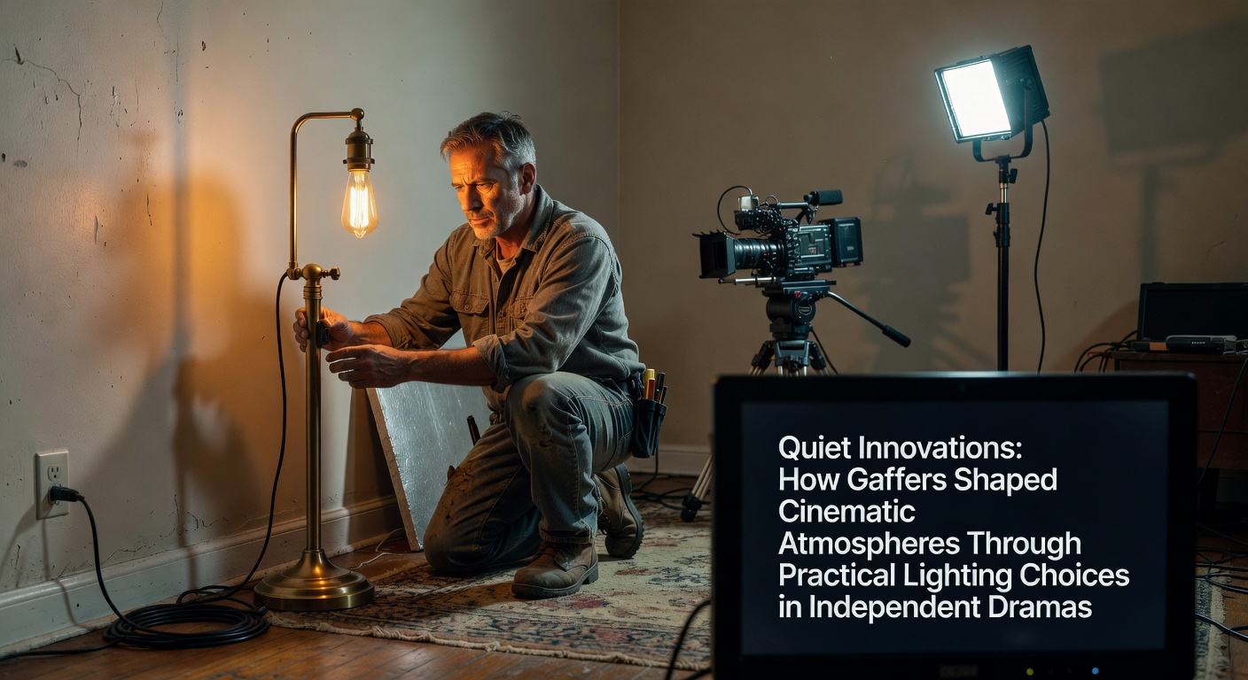 Gaffer adjusting practical lamps on an independent drama set to create intimate atmospheric lighting