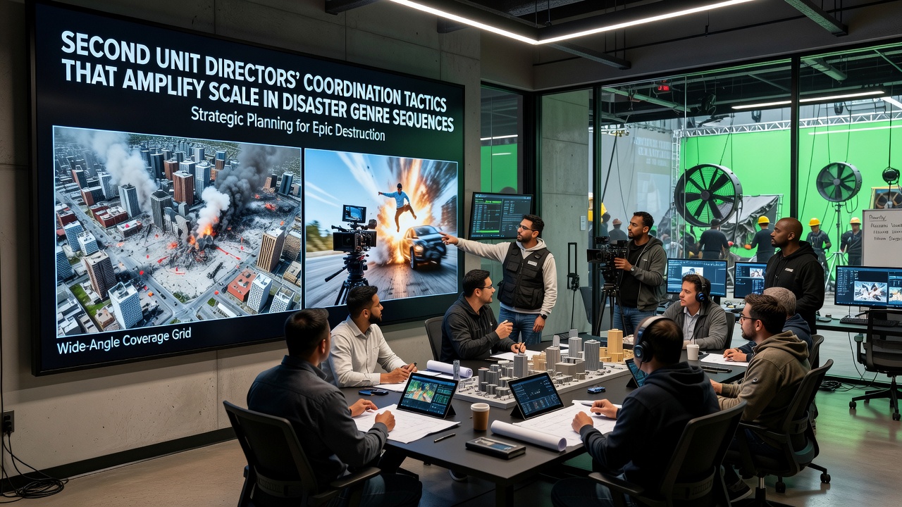 Crew executing coordinated practical effects for a disaster sequence under second unit supervision