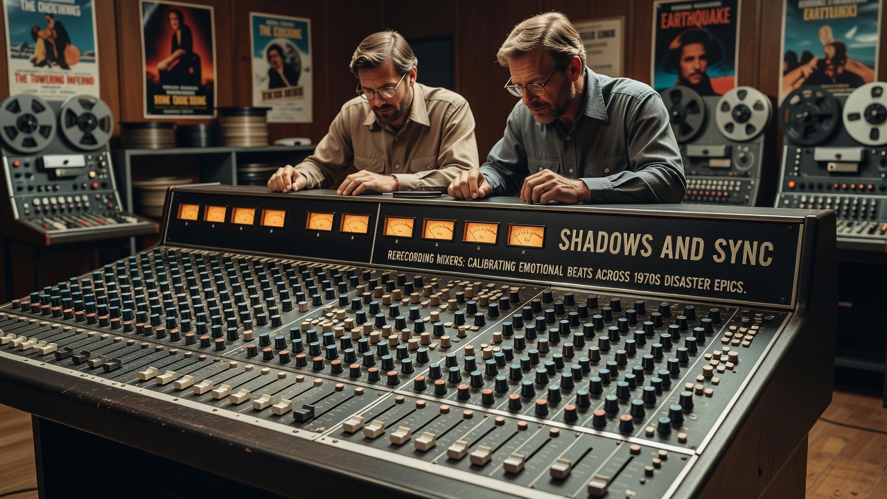 Rerecording mixers at a 1970s film sound console balancing dialogue and effects tracks for a disaster sequence
