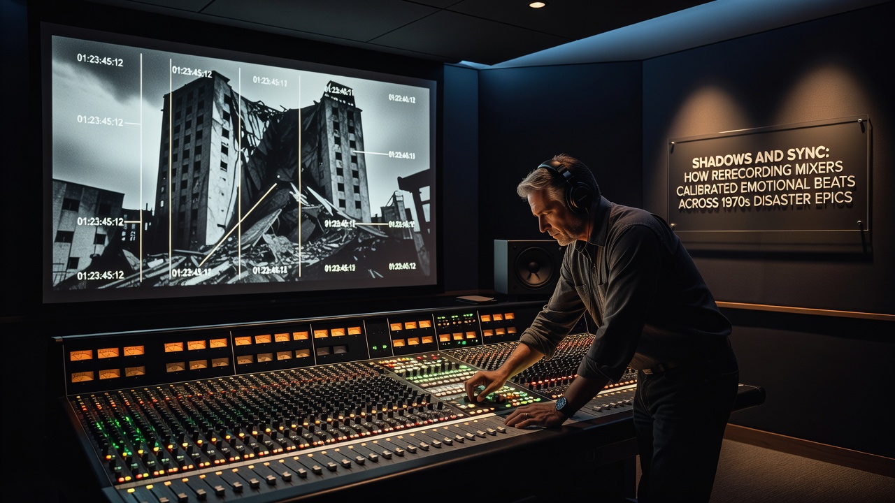 Close-up of analog mixing console faders during a 1970s disaster film session with multiple tracks engaged