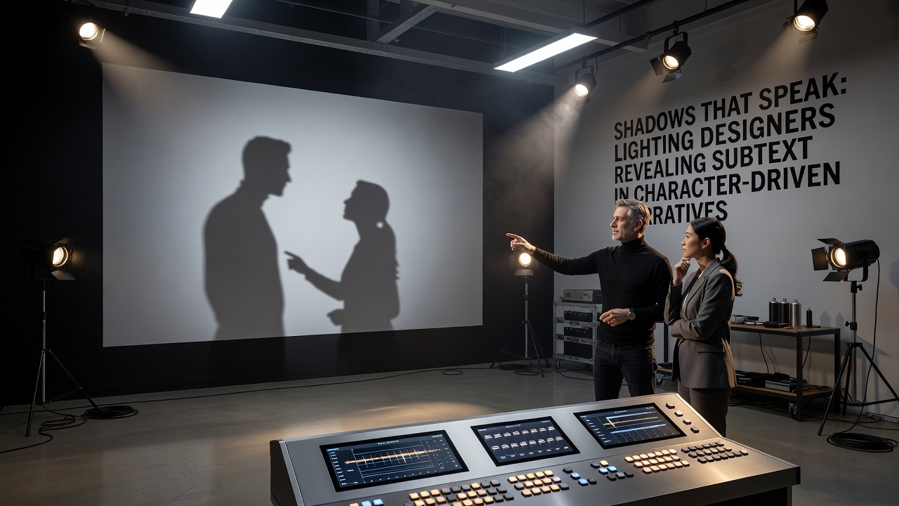 Lighting designer adjusting practical lamps on a character-driven film set to create layered shadows that hint at internal conflict