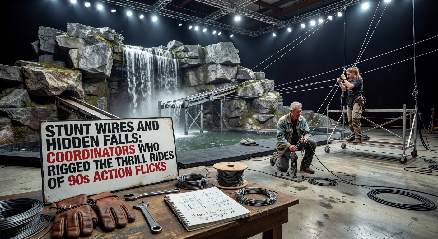 A stunt performer suspended mid-air on wires during a high-flying sequence from a 1990s blockbuster, showcasing precise rigging techniques