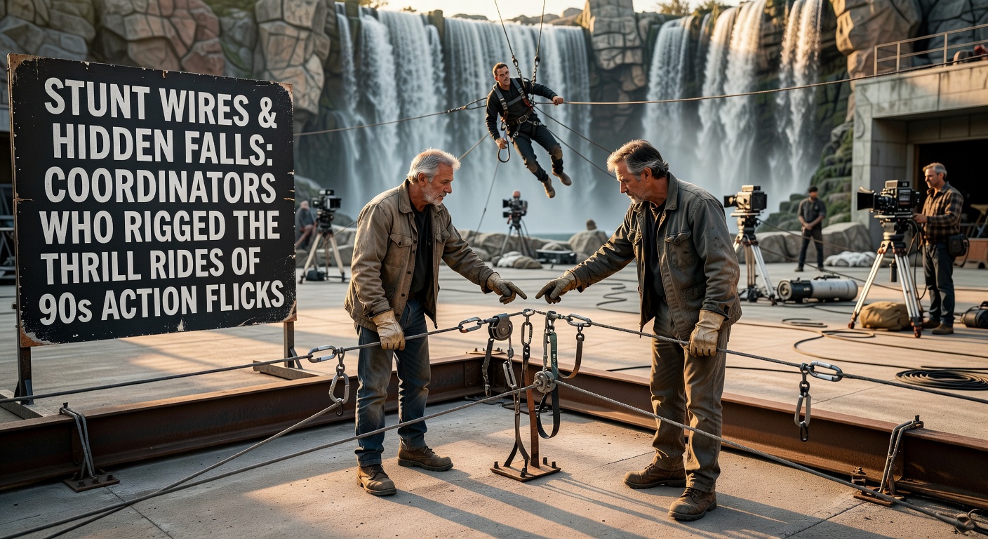 Close-up of a stunt coordinator inspecting a complex wire rig on a film set, with pulleys and harnesses visible amid bustling crew activity