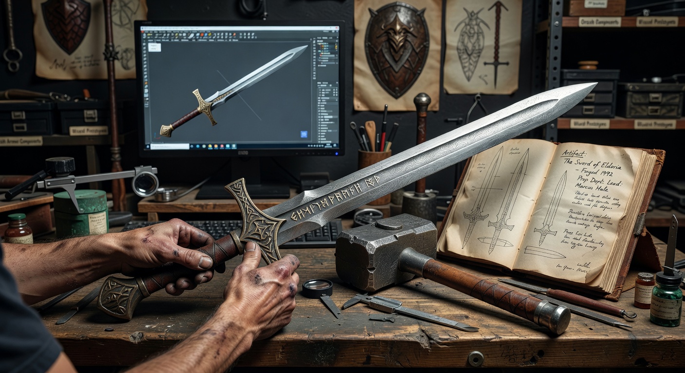 A prop master meticulously crafting an intricate fantasy sword hilt in a workshop filled with tools and reference sketches, capturing the hands-on artistry behind cinematic magic