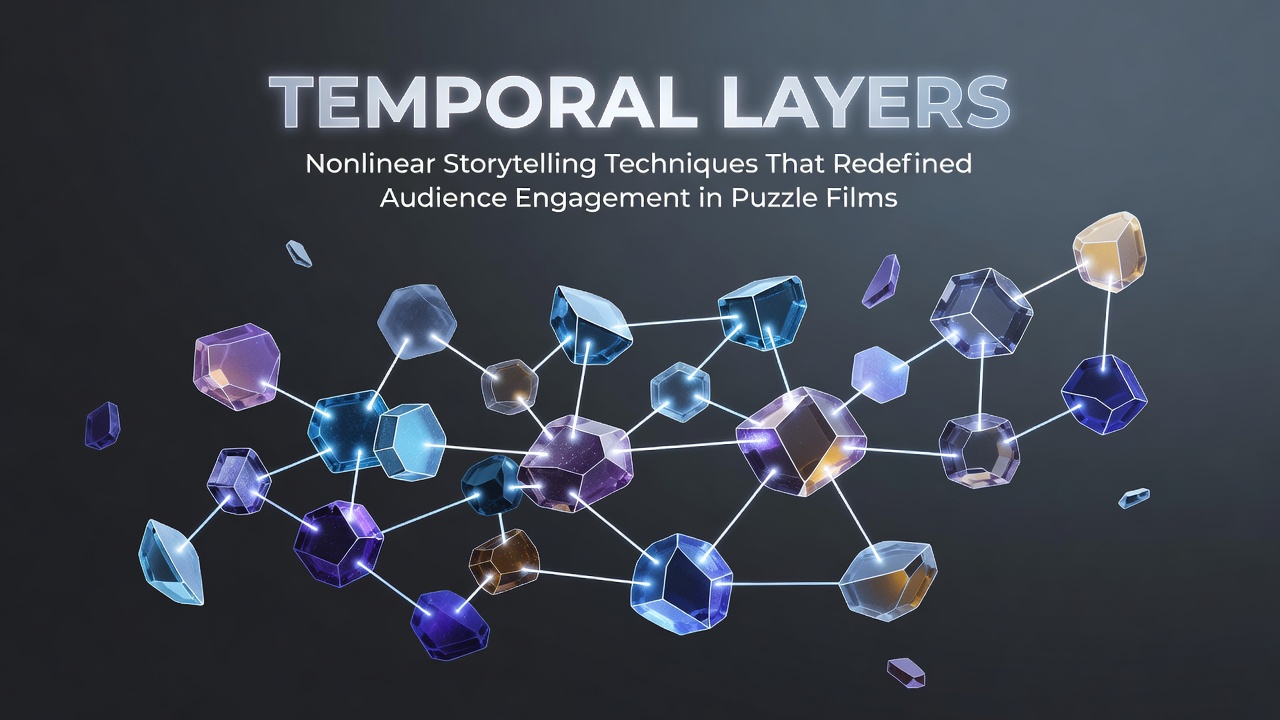 Illustration of layered timelines in nonlinear puzzle film structures showing fragmented narrative paths