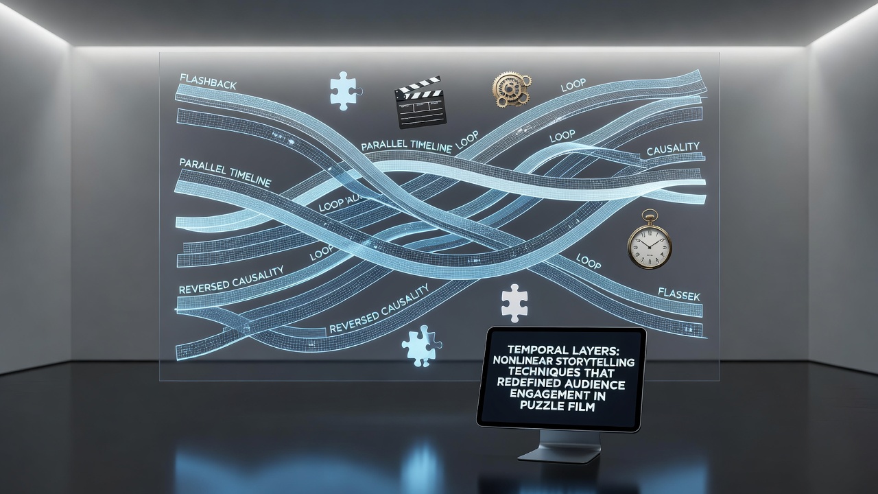 Scene from a puzzle film demonstrating temporal loops and audience engagement mechanics