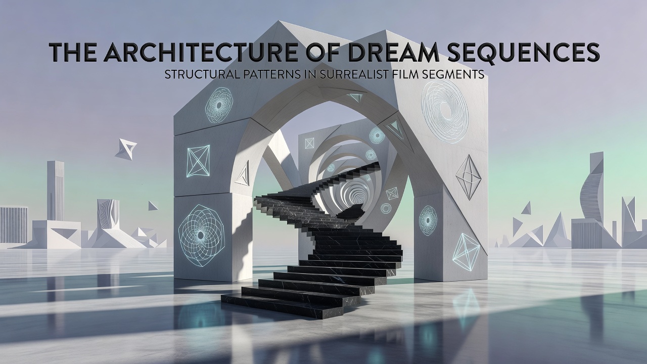 Surrealist film still showing fragmented dream imagery with symbolic objects and distorted perspectives