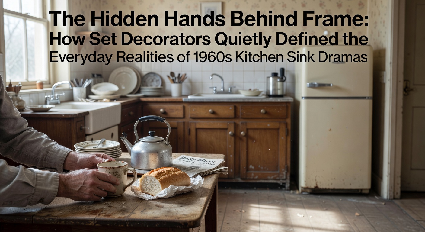 Set decorator arranging authentic 1960s kitchen props on a film set for a British social realist drama