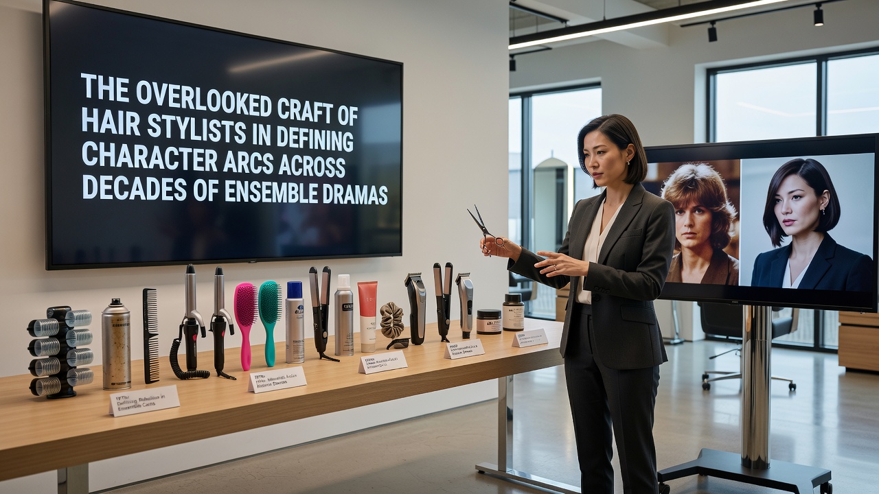 Behind-the-scenes view of hair styling tools and reference boards used in ensemble drama productions