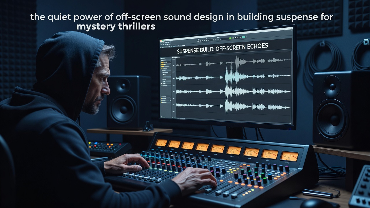 Sound designer adjusting audio levels in a mixing studio for a mystery thriller scene