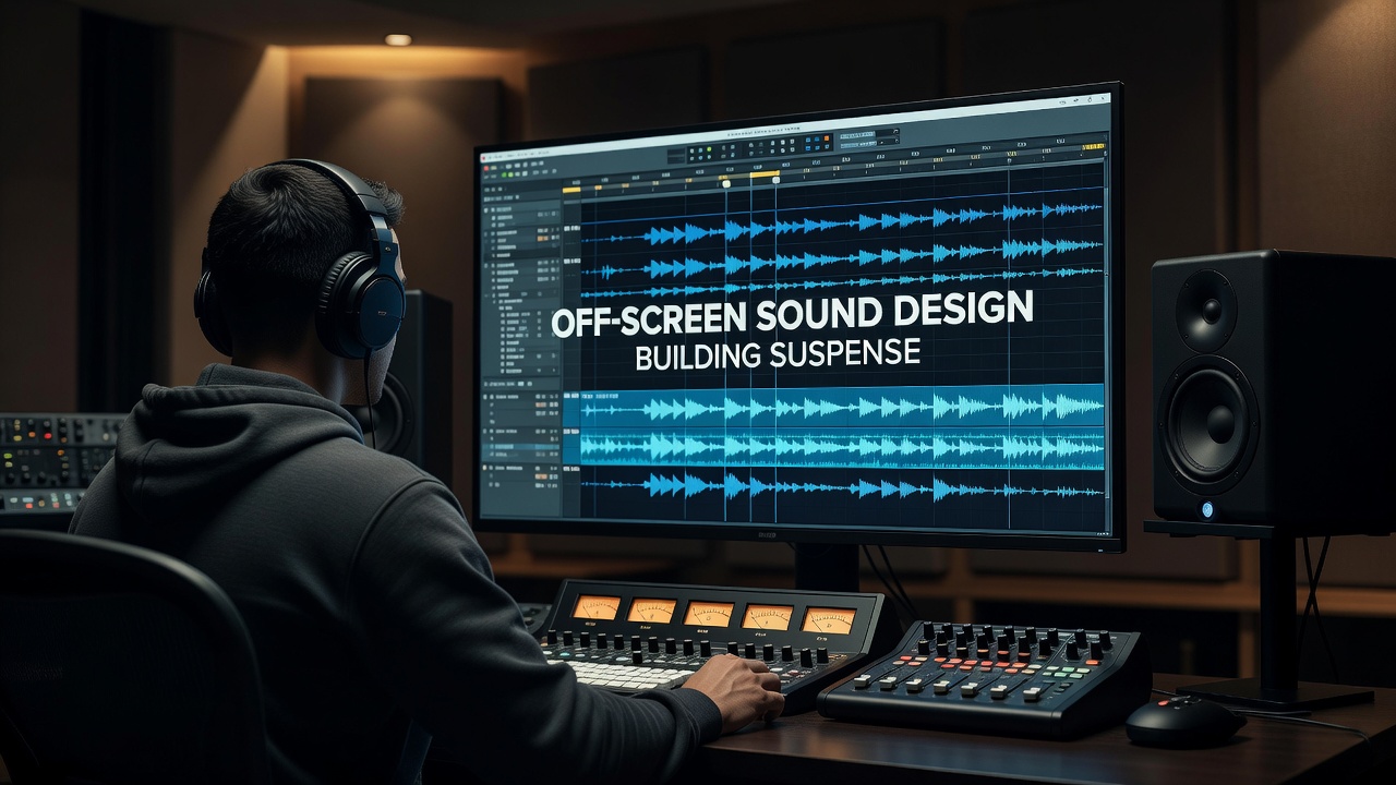 Close-up of audio waveform displays during post-production mixing for thriller suspense scenes