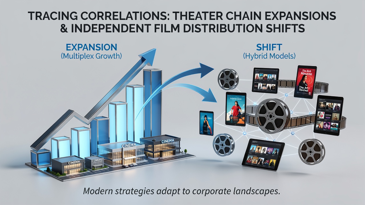 Theater chain expansion with multiplex screens and independent film posters displayed in lobbies