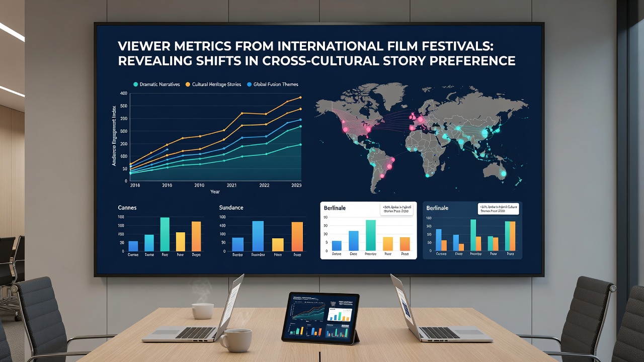 Festival screening room filled with diverse international audiences watching a film